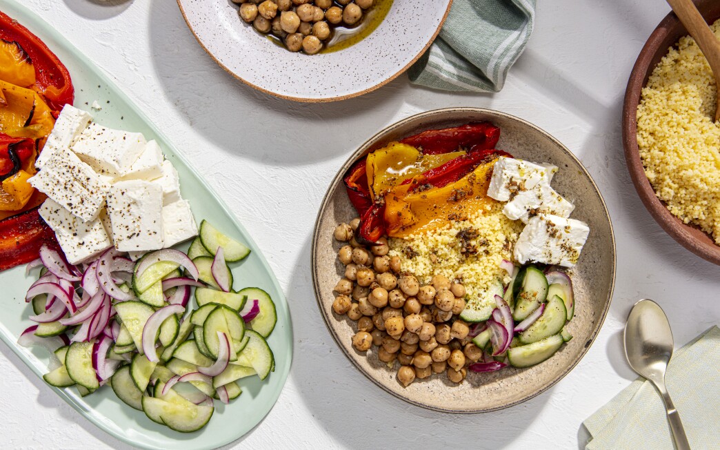 Za'atar spice mix flavors canned chickpeas for these composed bowls. Prop styling by Sean Bradley.
