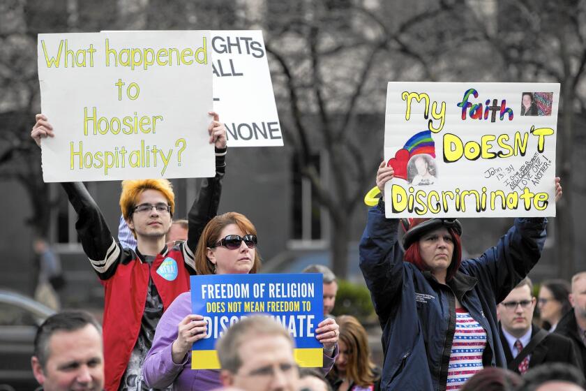 Indiana's Religious Freedom Restoration Act prompted a backlash from demonstrators and others who said the law could be used to discriminate against gays and lesbians.