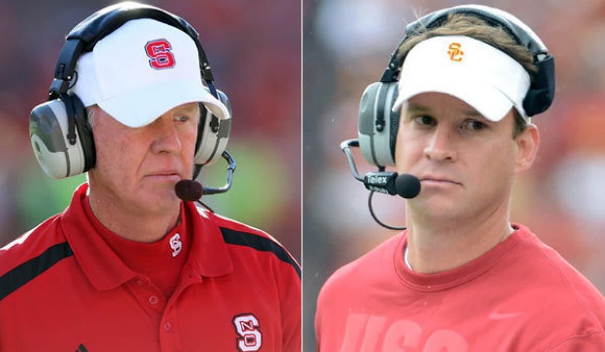 Former N.C. State coach Tom O'Brien, left, and current USC Coach Lane Kiffin both led their programs to 7-5 records in the regular season.