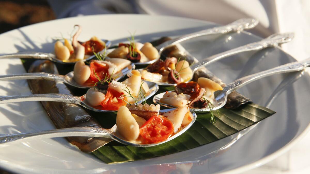 The dinner included a “Riviera” shellfish salad with Segerstrom lima beans by chef Tony Esnault. In addition to the beans, the salad had Manila clams, mussels, cuttlefish, calamari, prawns, lemon confit, tomato, olives and parsley.