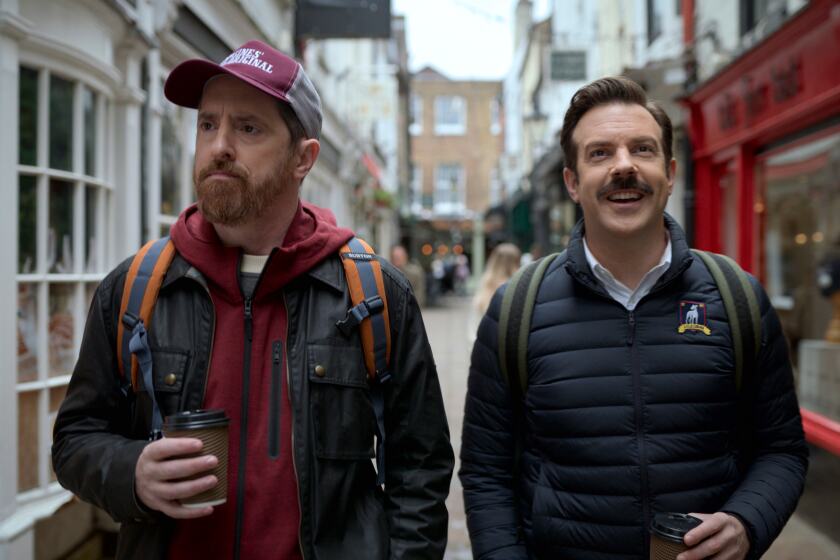 Brendan Hunt, left, and Jason Sudeikis in "Ted Lasso."