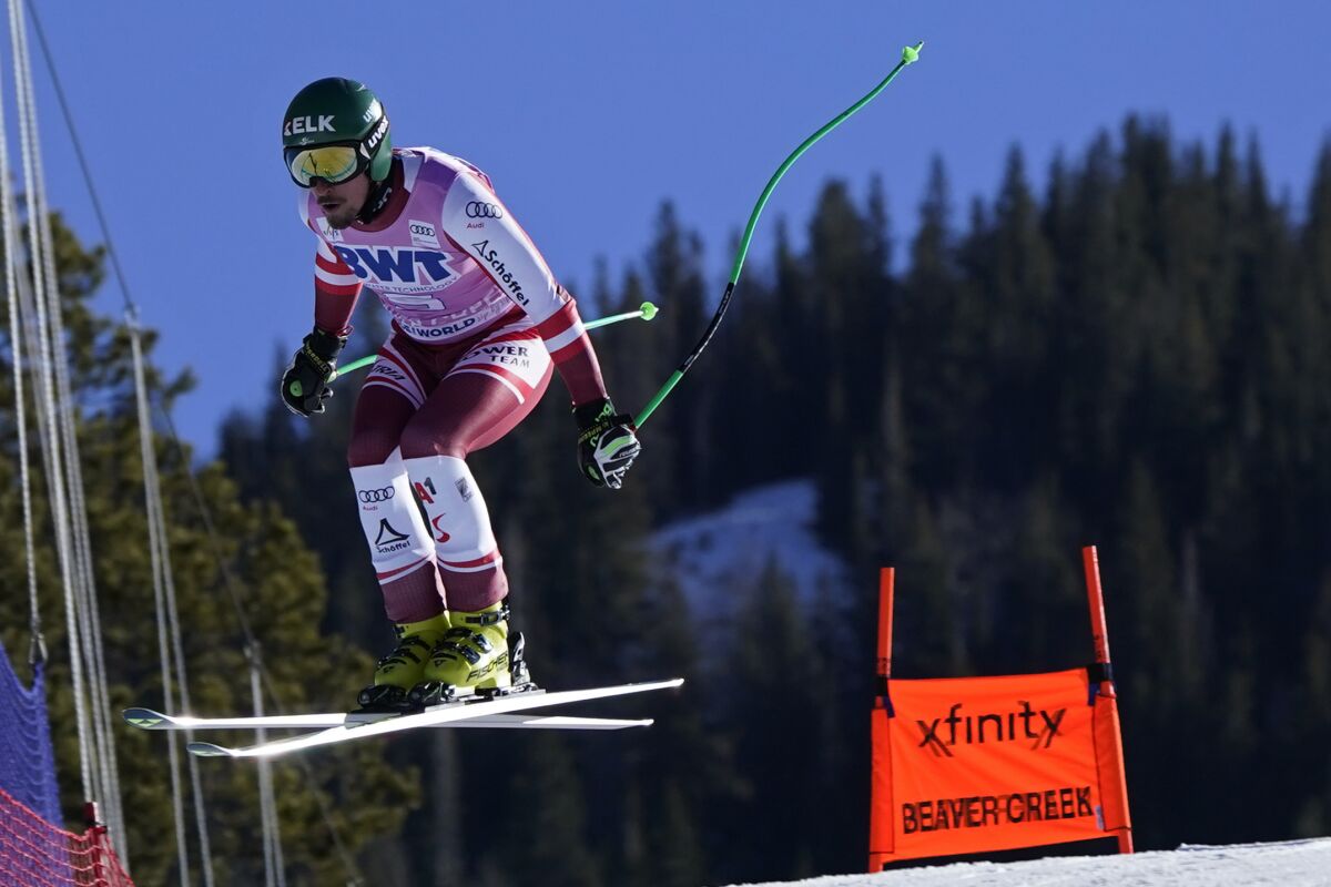 Austria's Max Franz skis during a men's World Cup downhill skiing training run Wednesday, Dec. 1, 2021, in Beaver Creek, Colo. (AP Photo/Gregory Bull)