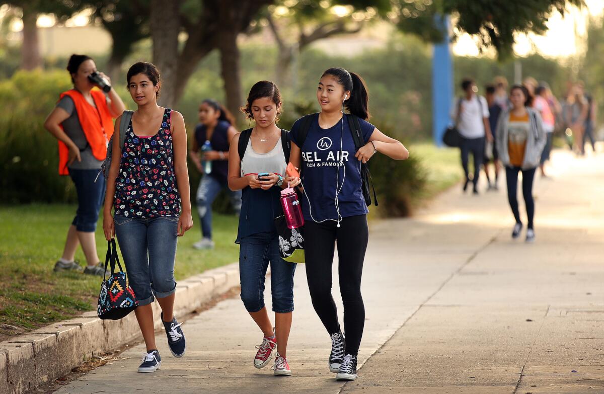 Students arrive for classes at the Los Angeles Center for Enriched Studies in 2015.