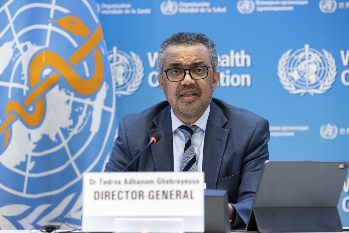 FILE - Tedros Adhanom Ghebreyesus, Director General of the World Health Organization (WHO), talks to the media regarding the coronavirus COVID-19 and WHO's global health priorities in 2022, during a new press conference, at the World Health Organization (WHO) headquarters in Geneva, Switzerland, Monday, Dec. 20, 2021. The government of Ethiopia has sent a letter to the World Health Organization, stating its objection to the "misconduct" of its director-general Tedros Adhanom Ghebreyesus. Ethiopia nominated Tedros to be the head of the U.N. health agency four years ago, but says he has "not lived up to the integrity and professional expectations required from his office," accusing him of interfering in Ethiopia's internal affairs, according to a press release issued late Thursday. (Salvatore Di Nolfi/Keystone via AP, File)