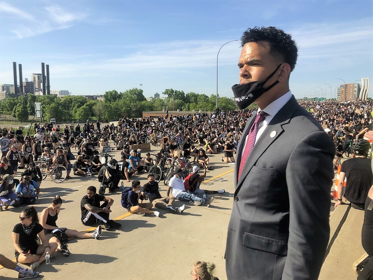 The Rev. Shane Harris, of San Diego, made a speech to about 11,000 protesters in Minneapolis, Minn. after a tanker truck plowed into a crowd on I-35 West.