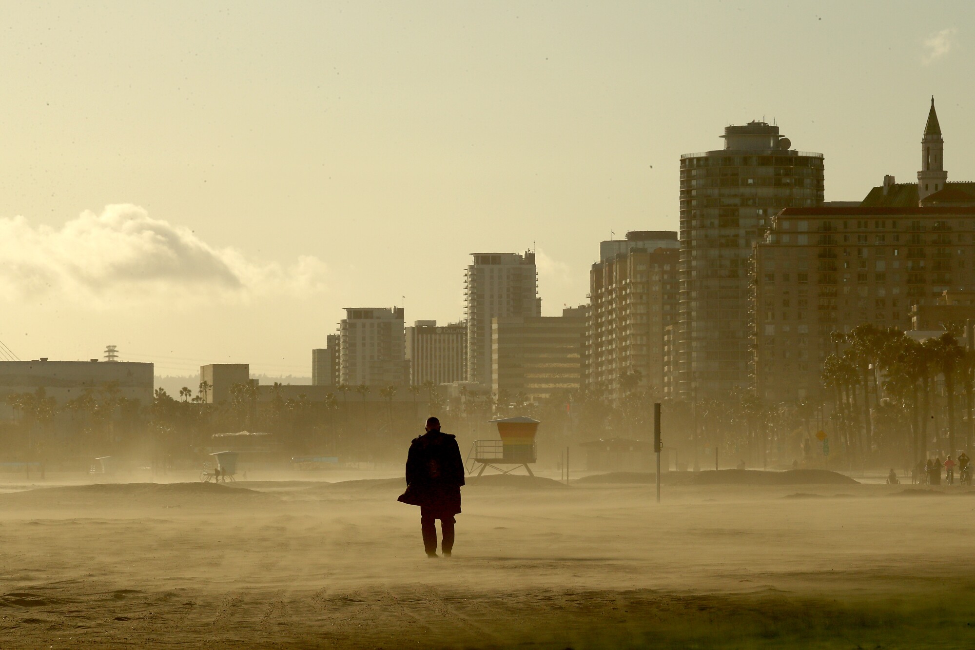 A man walks among clouds of dust on a beach.