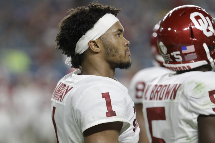 Oklahoma quarterback Kyler Murray (1) looks up, during the first half of the Orange Bowl NCAA college football game against Alabama, Saturday, Dec. 29, 2018, in Miami Gardens, Fla. (AP Photo/Lynne Sladky)