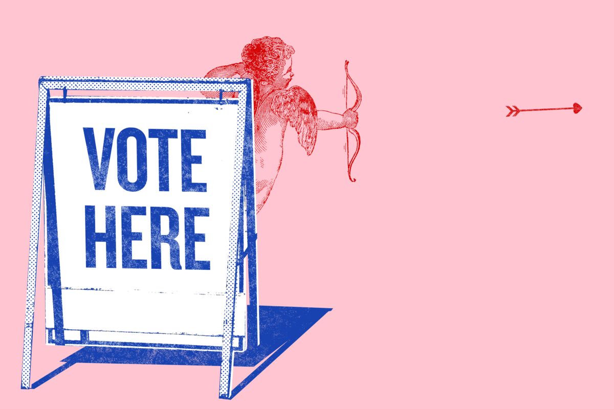 An illustration of Cupid shooting an arrow next to a sign that says "Vote here"