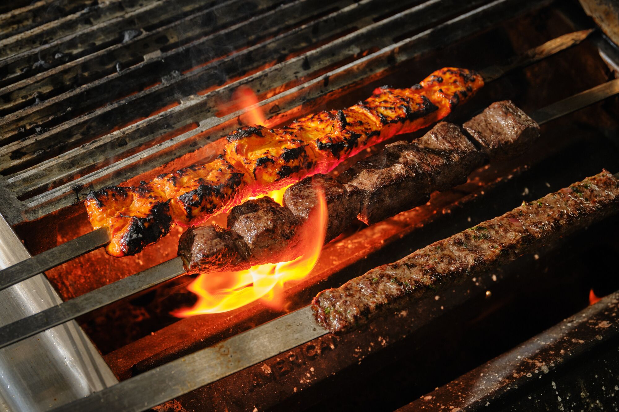 Chicken kebab, beef kebab, and beef kafta at Mama's Shawarma