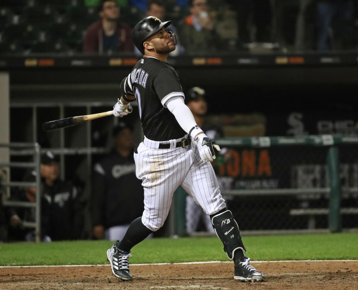 White Sox second baseman Yoan Moncada hits a sacrifice fly to tie the game in the eighth against the Orioles at Guaranteed Rate Field on Tuesday, May 22, 2018.