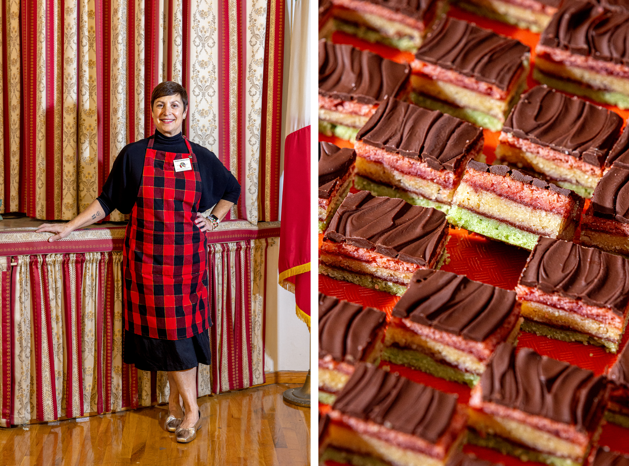 A woman in a red and black checked apron; a closeup photo of her "Versace" rainbow cookies