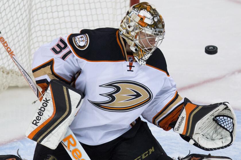 Ducks goalie Frederik Andersen makes a save during a game against the Vancouver Canucks on Jan. 27.