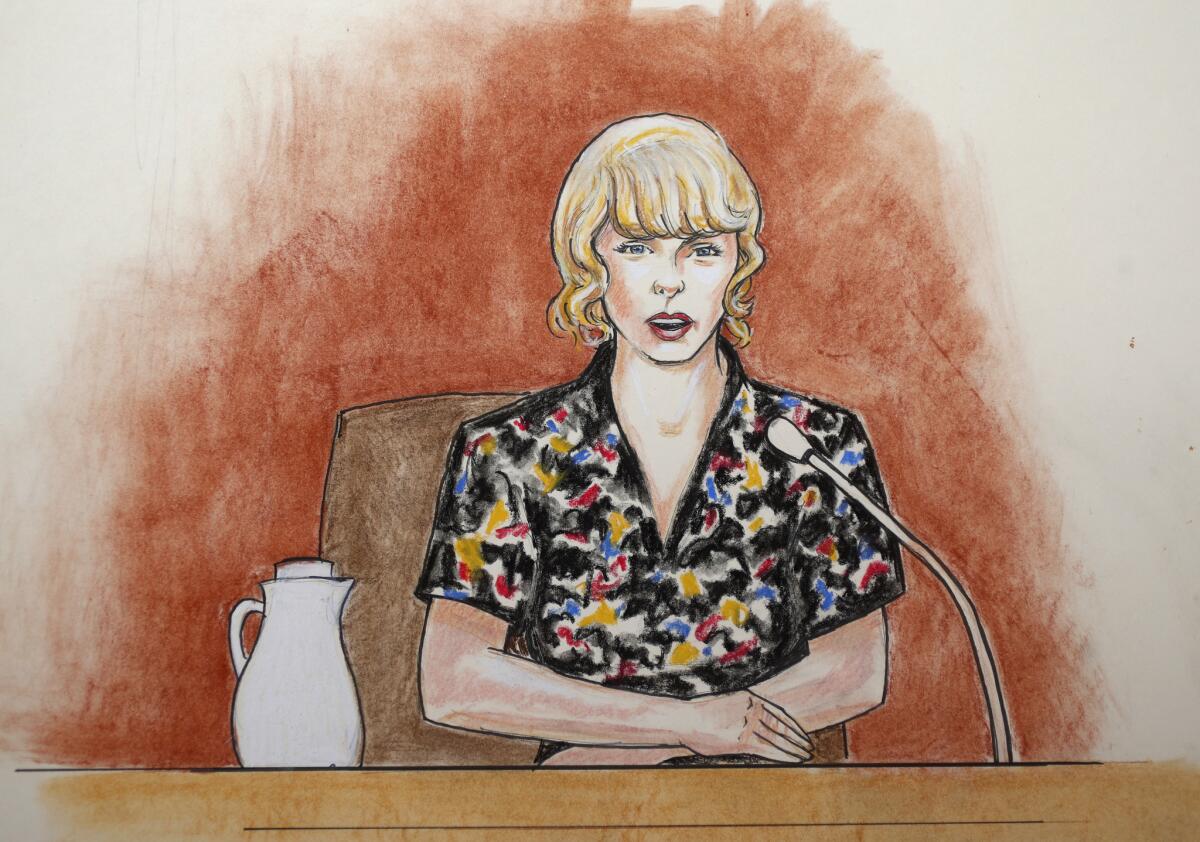 A courtroom sketch of Taylor Swift during her testimony in Denver.