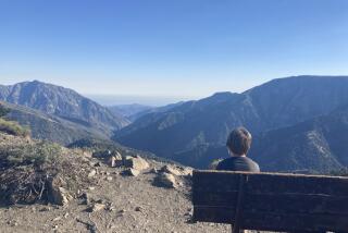 A boy sits on a bench looking out over mountainsides