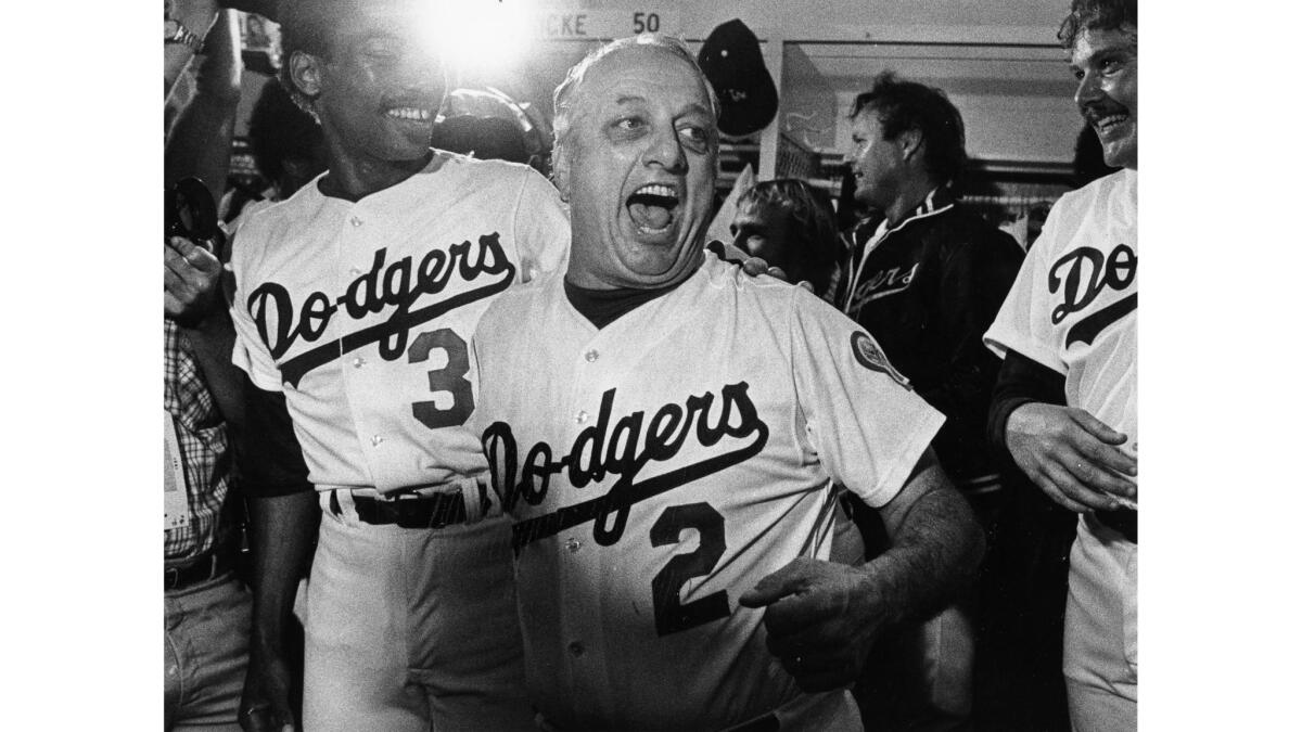 Oct. 11, 1981: Los Angeles Dodgers manager Tommy Lasorda celebrates winning the five-game National League West playoff series against the Houston Astros.