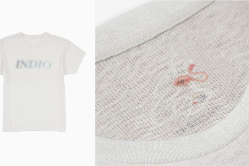A cashmere T-shirt bearing the word Indio ($545), left, and a close-up of the collar detail showing the combined logos of the Elder Statesman and the Webster, right.