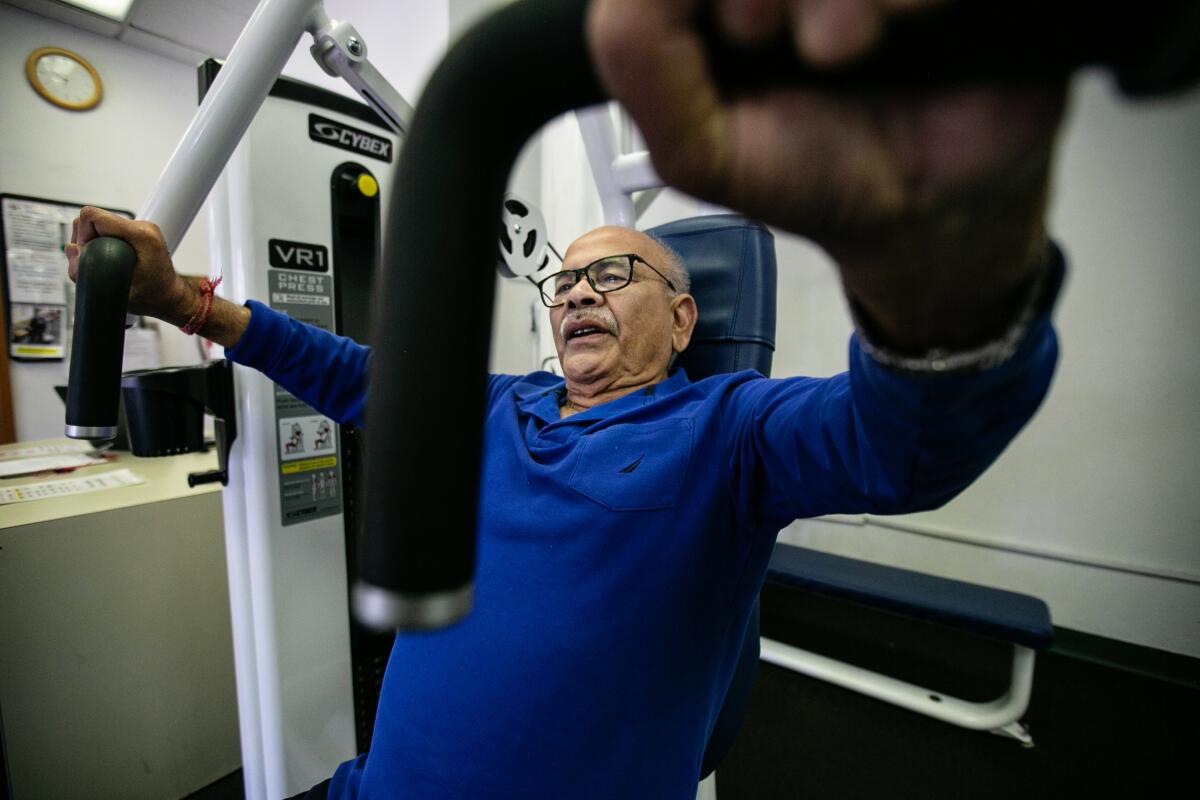Brajandra Singh, 71, Altadena, works out at the Pasadena Senior Center.