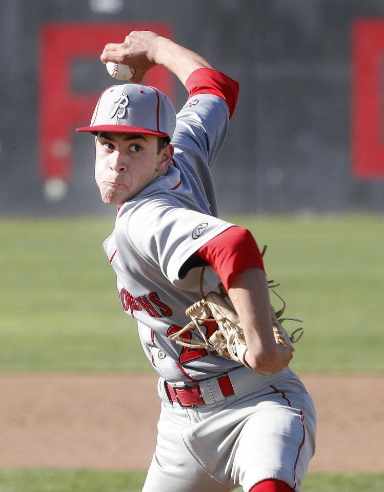 Burroughs' starting pitcher Xavier Dubon winds up in the fourth inning against Glendale in a Pacific League baseball game at Glendale High School on Tuesday, March 12, 2019.
