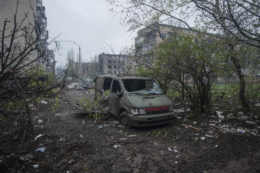 A general view of Bakhmut, the site of heavy battles with Russian troops in the Donetsk region, Ukraine, Friday, April 21, 2023. (Iryna Rybakova via AP)