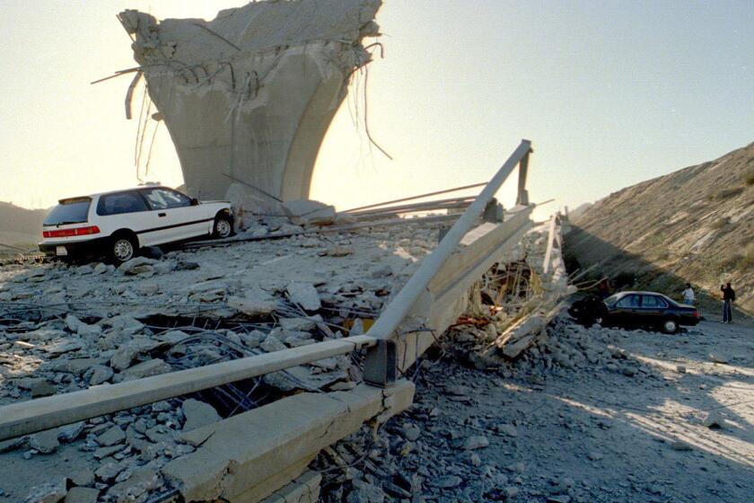 Only rubble remains at the junction of the 5 and 14 freeways following the 1994 Northridge earthquake.