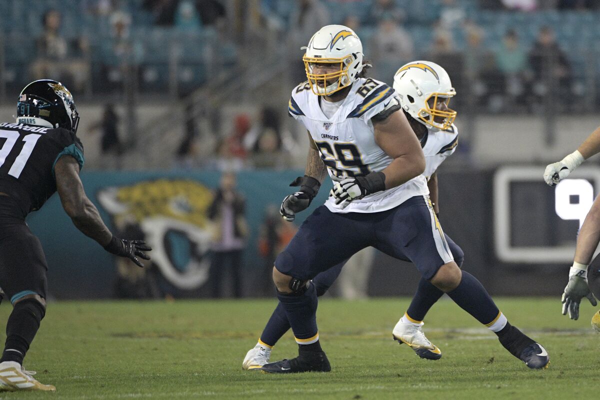 Chargers offensive tackle Sam Tevi blocks against the Jaguars.