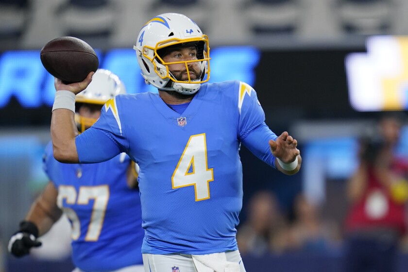  Chase Daniel throws a pass against the Dallas Cowboys during  a  preseason game loss for the Chargers.