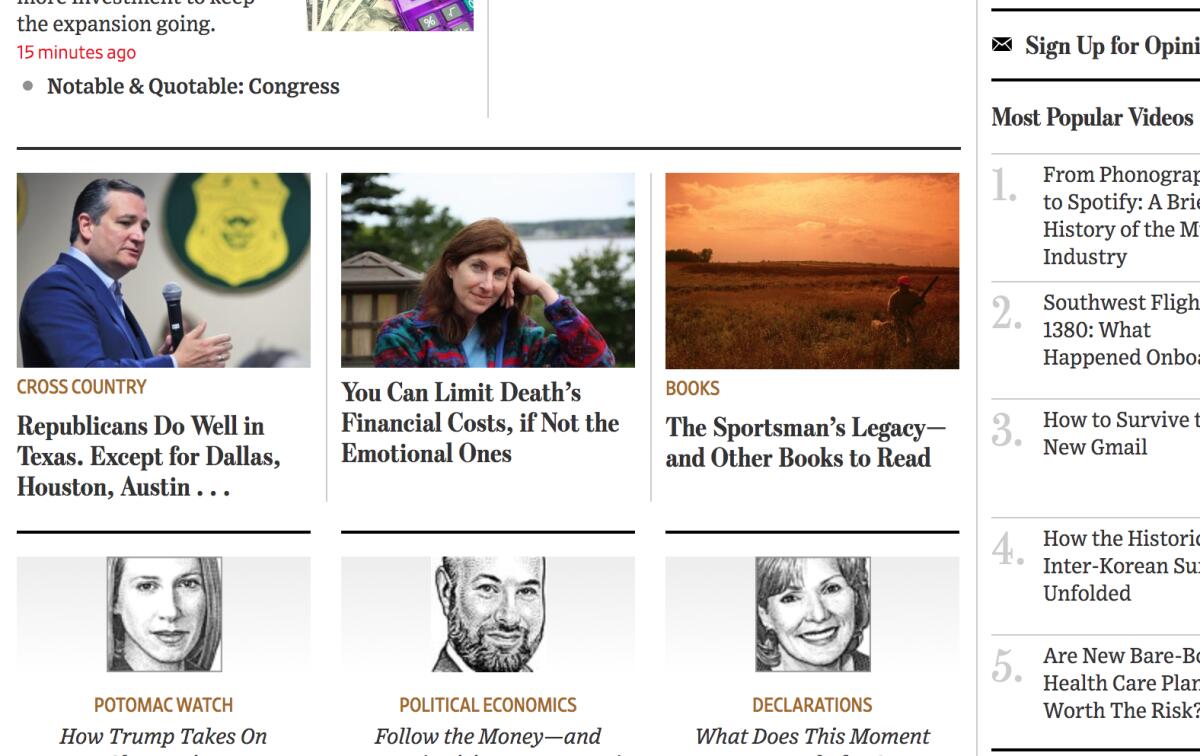 A screenshot of the Wall Street Journal's website shows Warren Kozak's article headline accompanied by a photo of his wife. 