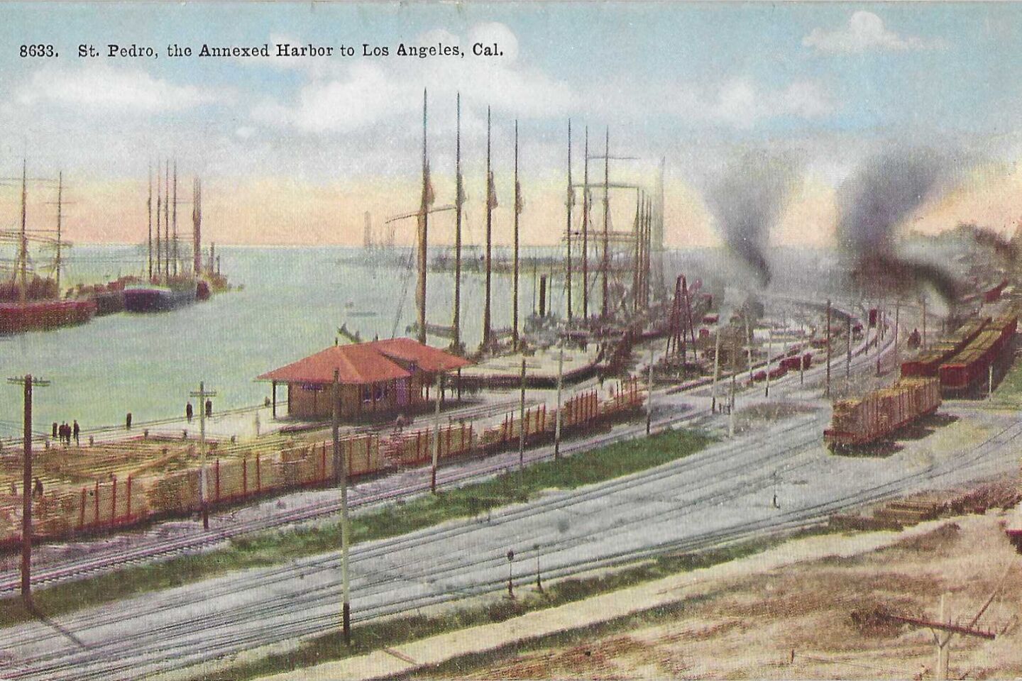 A vintage postcard reads "St. Pedro, the Annexed Harbor to Los Angeles, Cal."