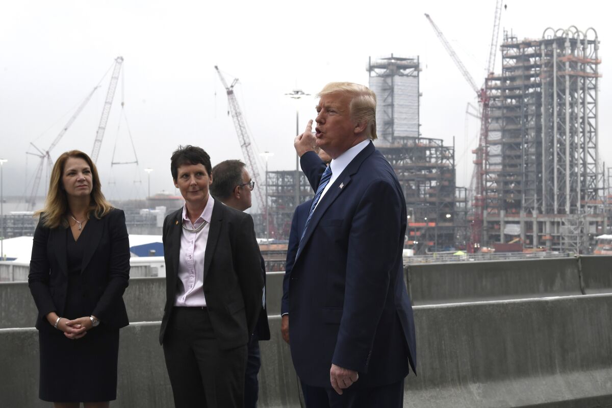 President Trump views construction during a visit to Shell's Pennsylvania Petrochemicals Complex in Monaca, Penn., in August 