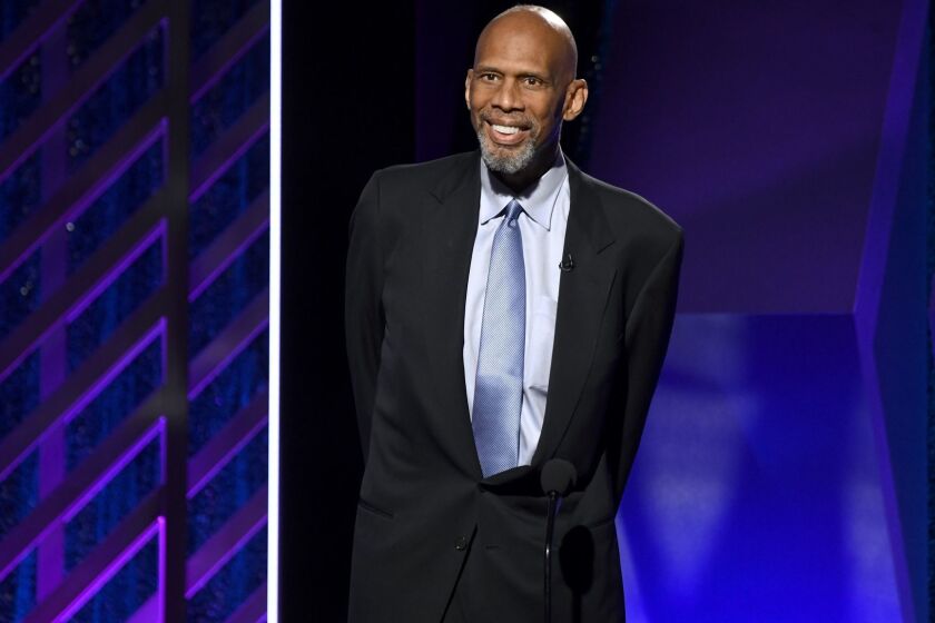 BEVERLY HILLS, CALIFORNIA - FEBRUARY 04: Kareem Abdul-Jabbar speaks onstage at the 18th Annual AARP The Magazine's Movies For Grownups Awards at the Beverly Wilshire Four Seasons Hotel on February 04, 2019 in Beverly Hills, California. (Photo by Frazer Harrison/Getty Images) ** OUTS - ELSENT, FPG, CM - OUTS * NM, PH, VA if sourced by CT, LA or MoD **