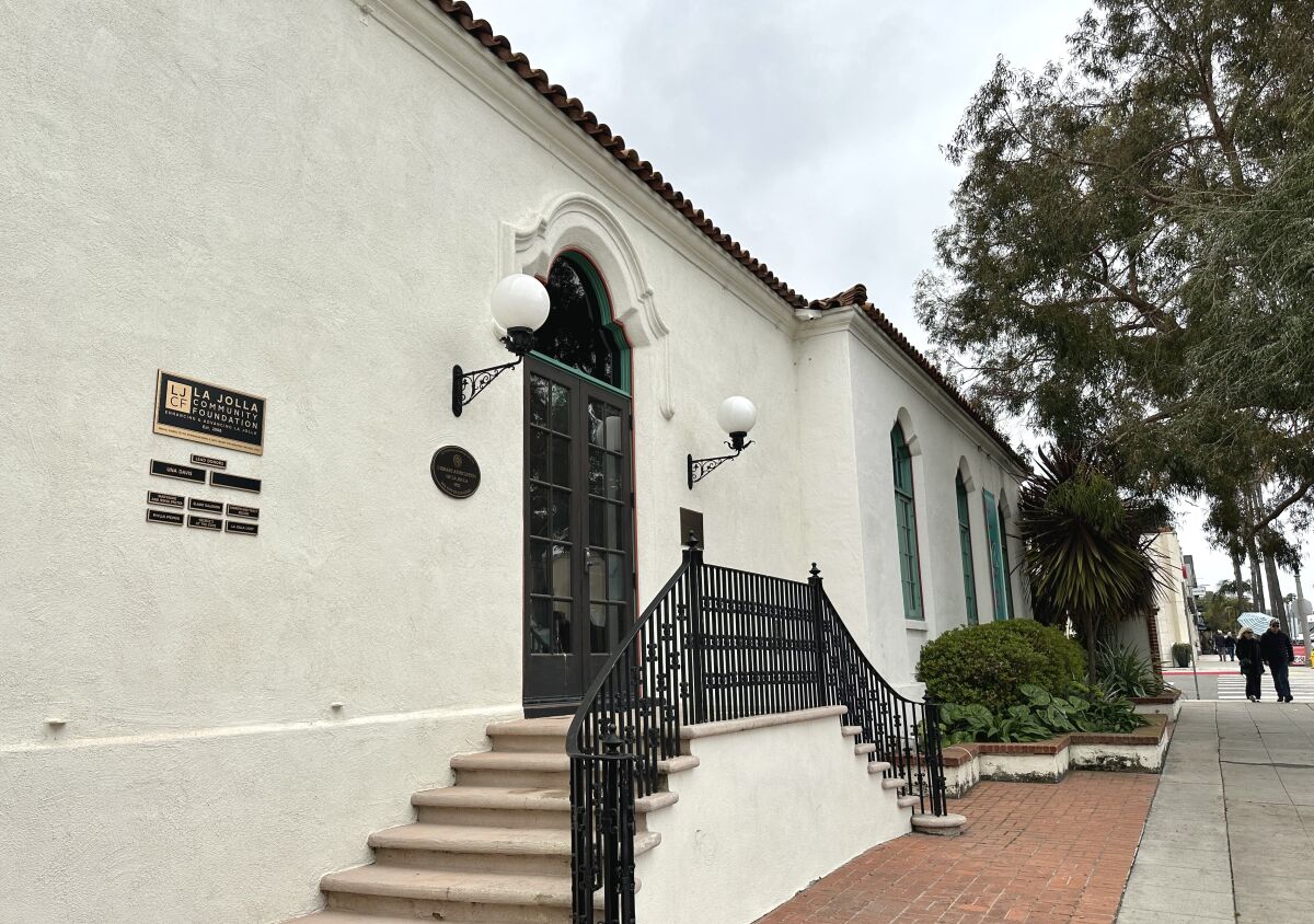 The La Jolla Community Foundation donor wall is affixed to the Athenaeum Music & Arts Library facing Girard Avenue.