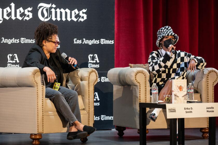 LA Times columnist Erika D. Smith and Janelle Monae speak during The Los Angeles Times Festival of Books Ideas Excahnge at USC on Saturday, April 23, 2022. ( Photo by Nick Agro / For The Times )