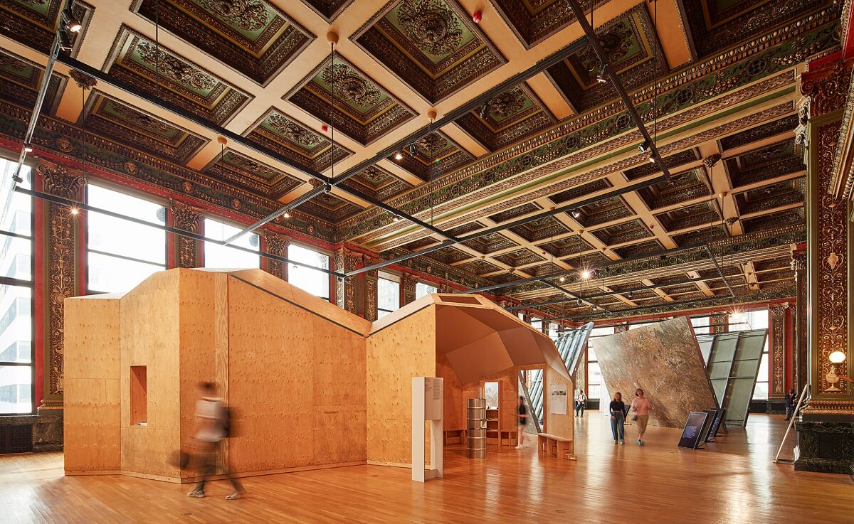 An installation view of Oscar Tuazon's "Great Lakes Water School." 