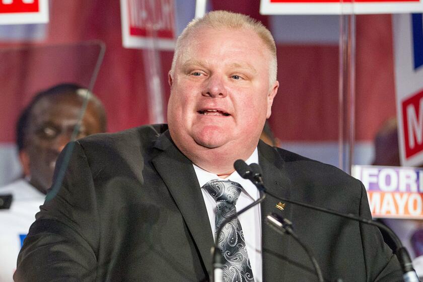 Toronto's outgoing mayor, Rob Ford, pictured here from a campaign rally earlier in the year, has won a council seat.