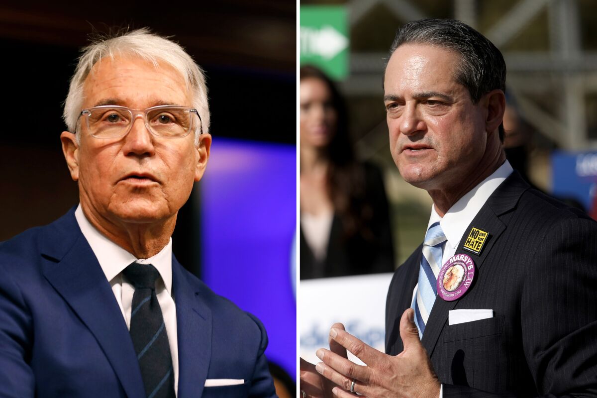 Side-by-side photos of George Gascón, left, and Todd Spitzer