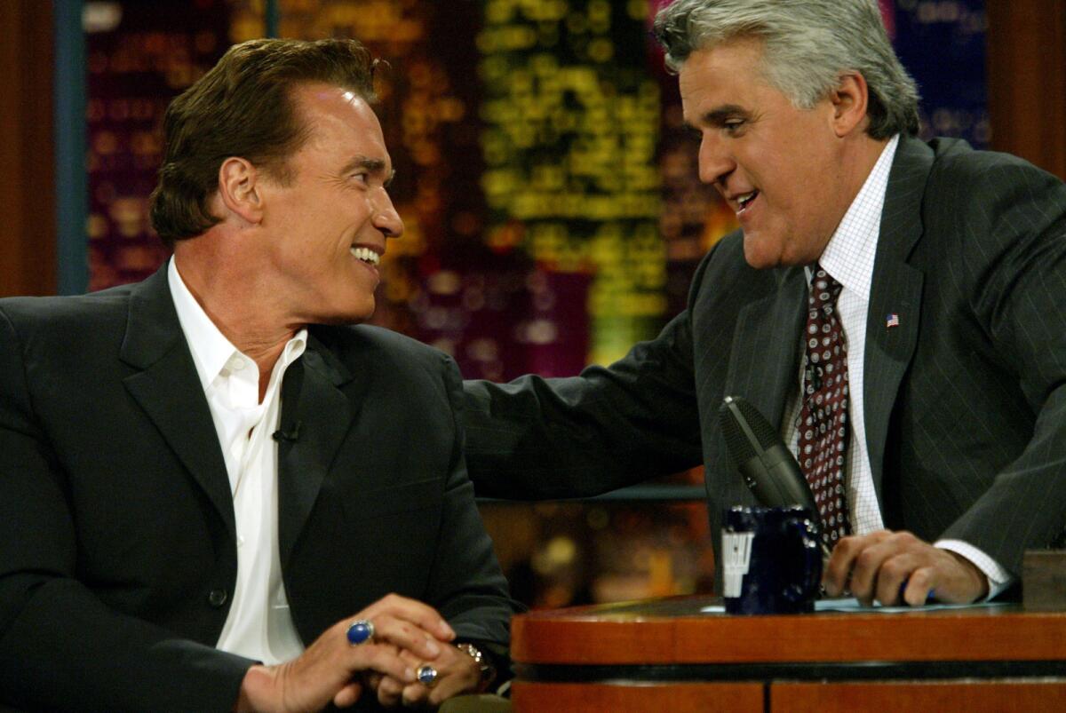 Actor Arnold Schwarzenegger declares his candidacy for California governor on NBC's Tonight Show with Jay Leno in August 2003.