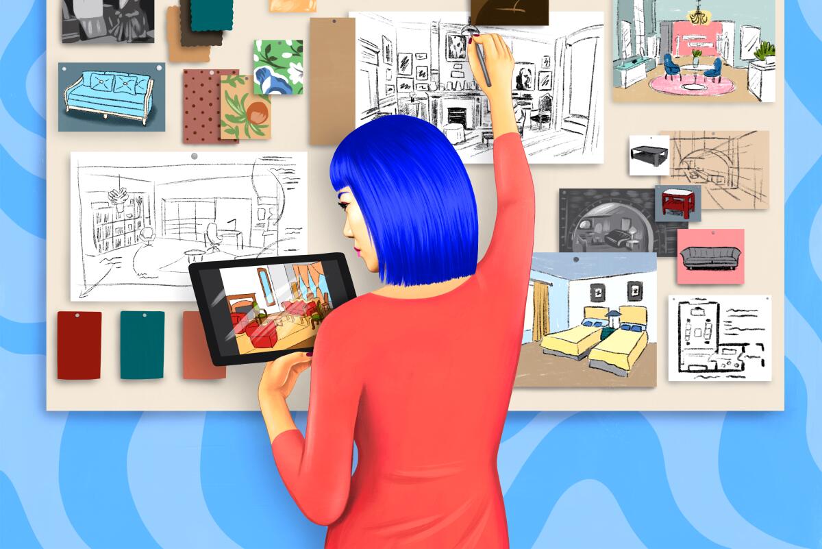 A woman with blue hair standing in front of a bulletin board with design ideas