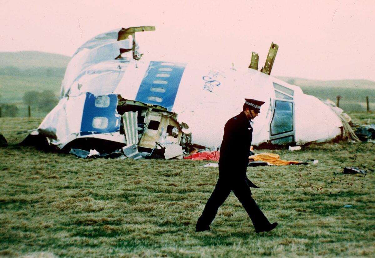 A policeman walks next to the wrecked fuselage of a plane.