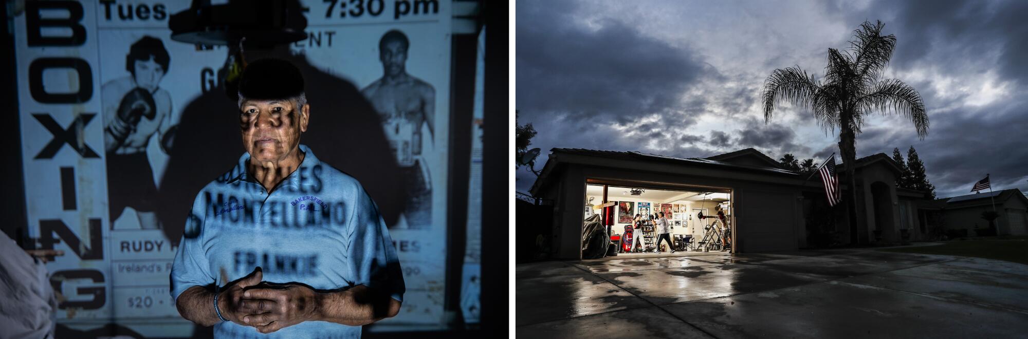 A diptych of a man posing with a projection of a boxing poster across his face, and people training in a garage gym