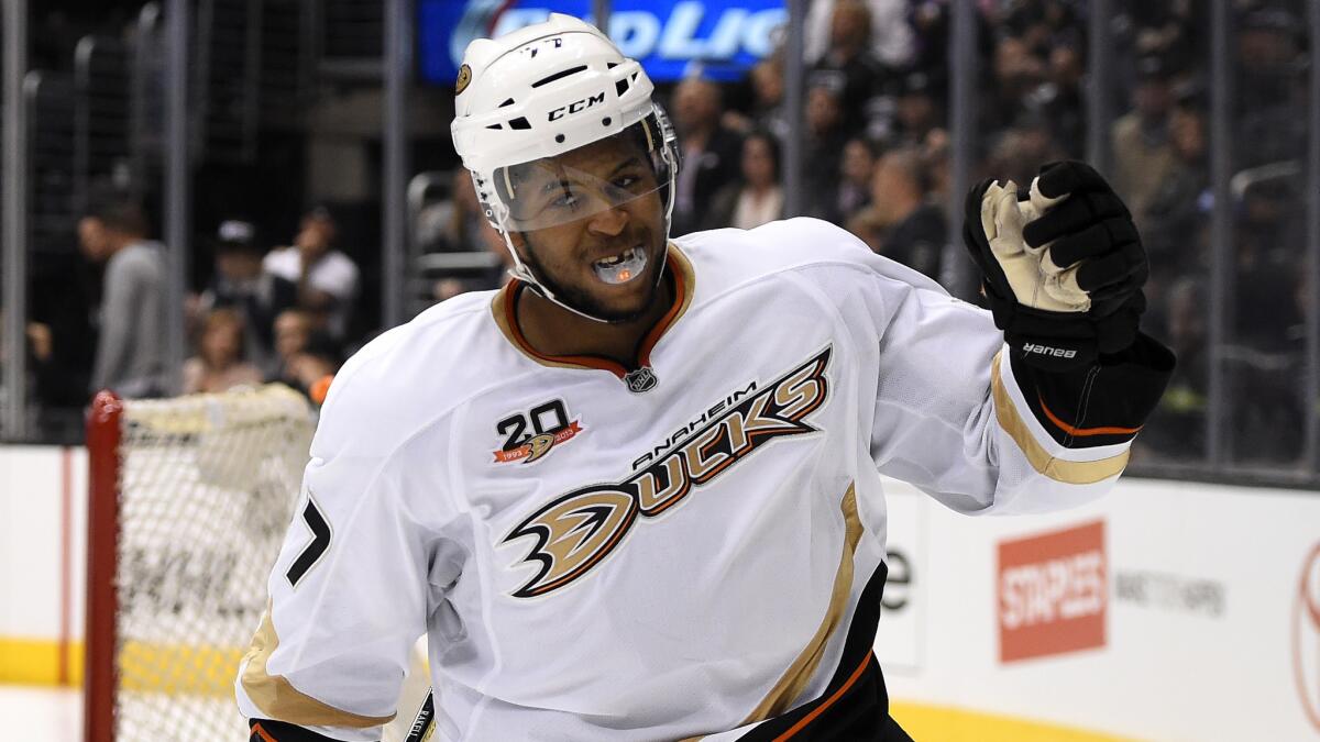 Ducks forward Devante Smith-Pelly celebrates after scoring a shootout goal against the Kings on April 12.