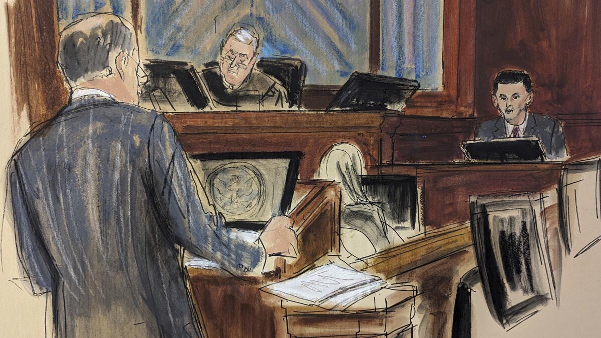 A courtroom sketch of FTX founder Sam Bankman-Fried testifying before a judge