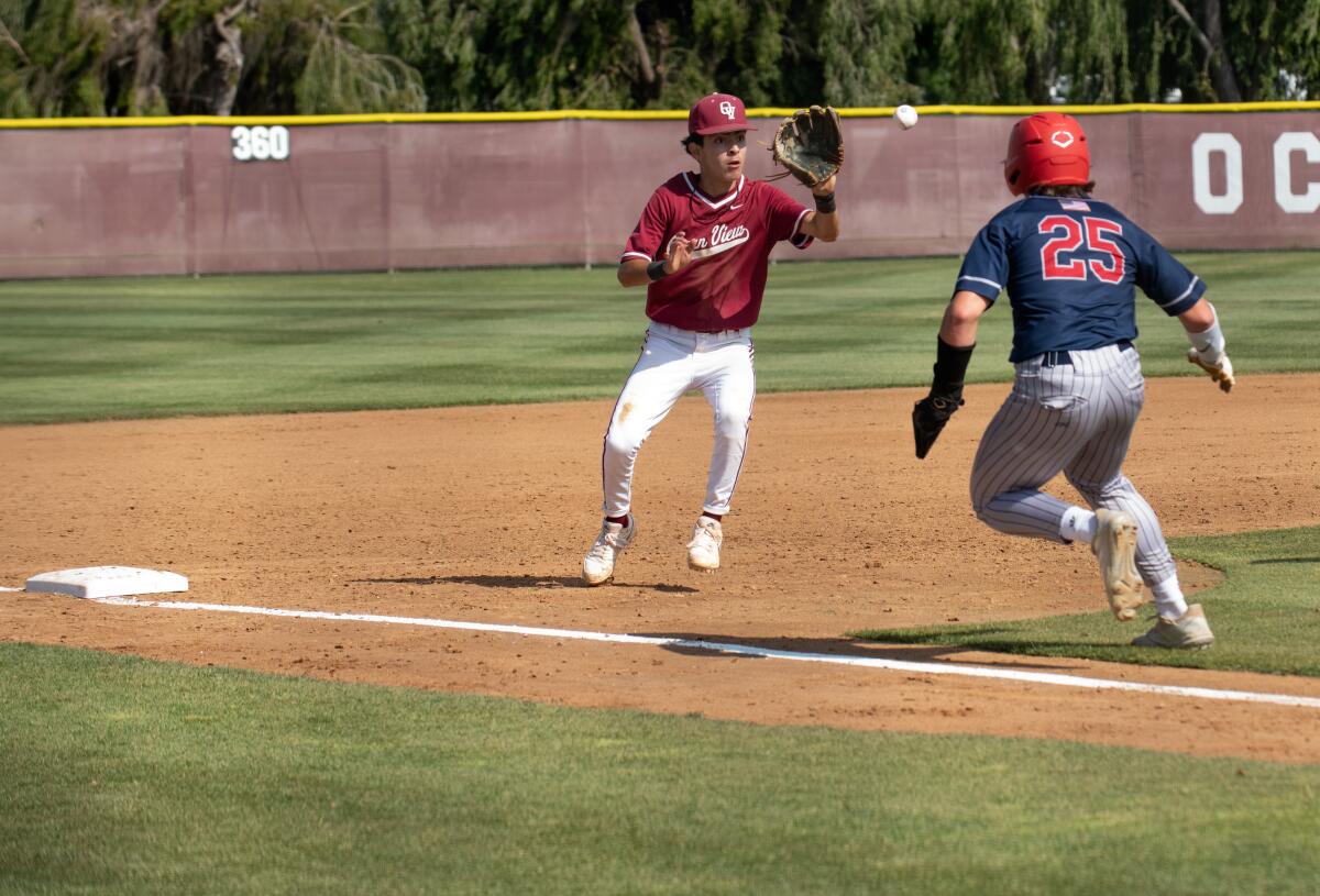 Ocean View shortstop Mateo Rodriguez catches a Yorba Linda runner in a pickle during Thursday's game.