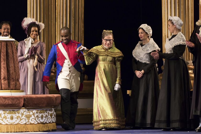 This Thursday, Nov. 10, 2016 photo released by the Washington National Opera shows U.S. Supreme Court Justice Ruth Bader Ginsburg, center, as the Duchess of Krakenthorp in a dress rehearsal of Donizetti's "The Daughter of the Regiment" at the Washington National Opera in Washington. The performance marks Ginsburg's debut in an operatic speaking role. (Scott Suchman/WNO via AP)