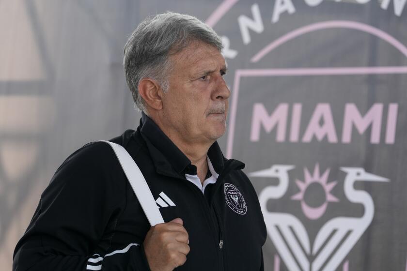 Inter Miami coach Gerardo "Tata" Martino arrives for the team's MLS soccer match against Atlanta United on Wednesday, May 29, 2024, in Fort Lauderdale, Fla. (AP Photo/Lynne Sladky)