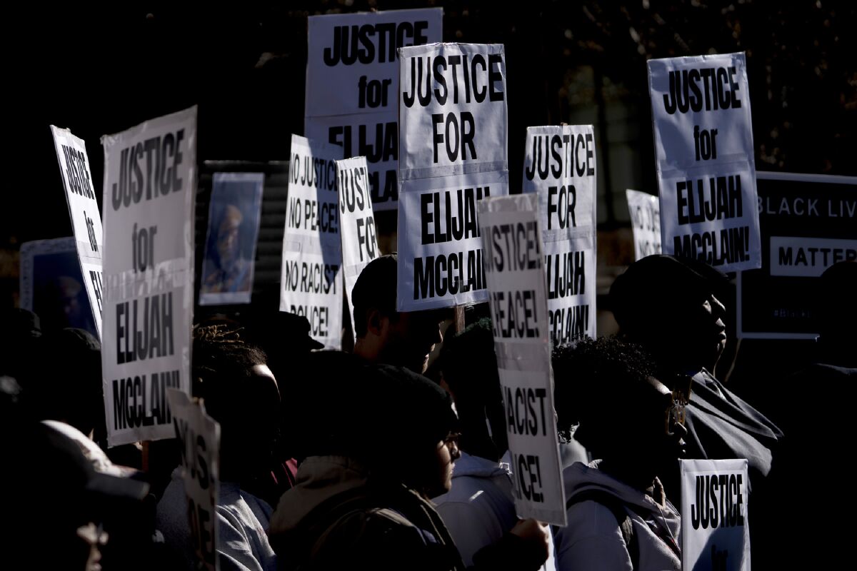 Protesters seek justice after Elijah McClain died in police custody in Aurora, Colo., in August 2019.