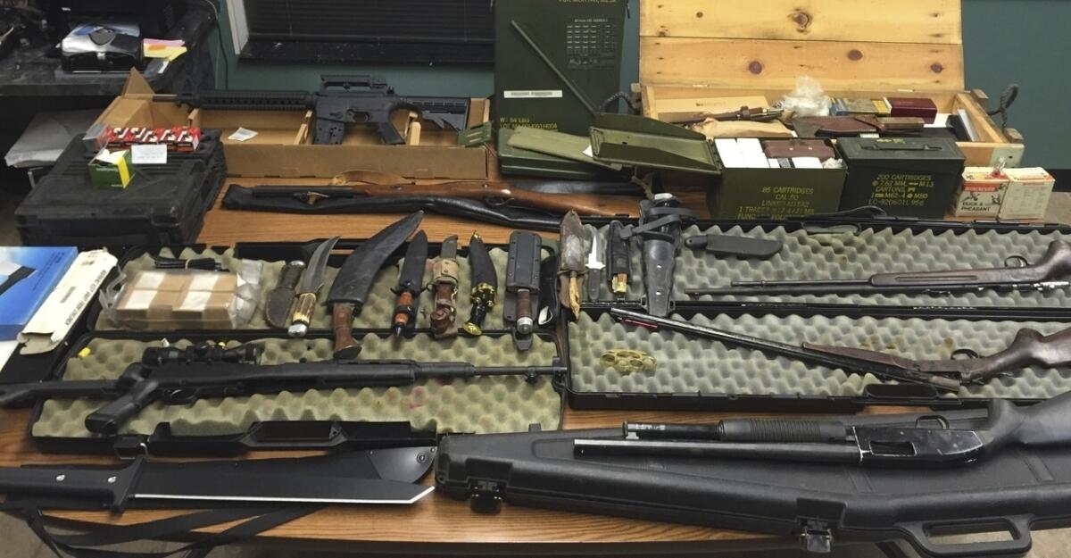 Stolen guns, ammunition and knives that were recovered in Antwerp Township, Mich.