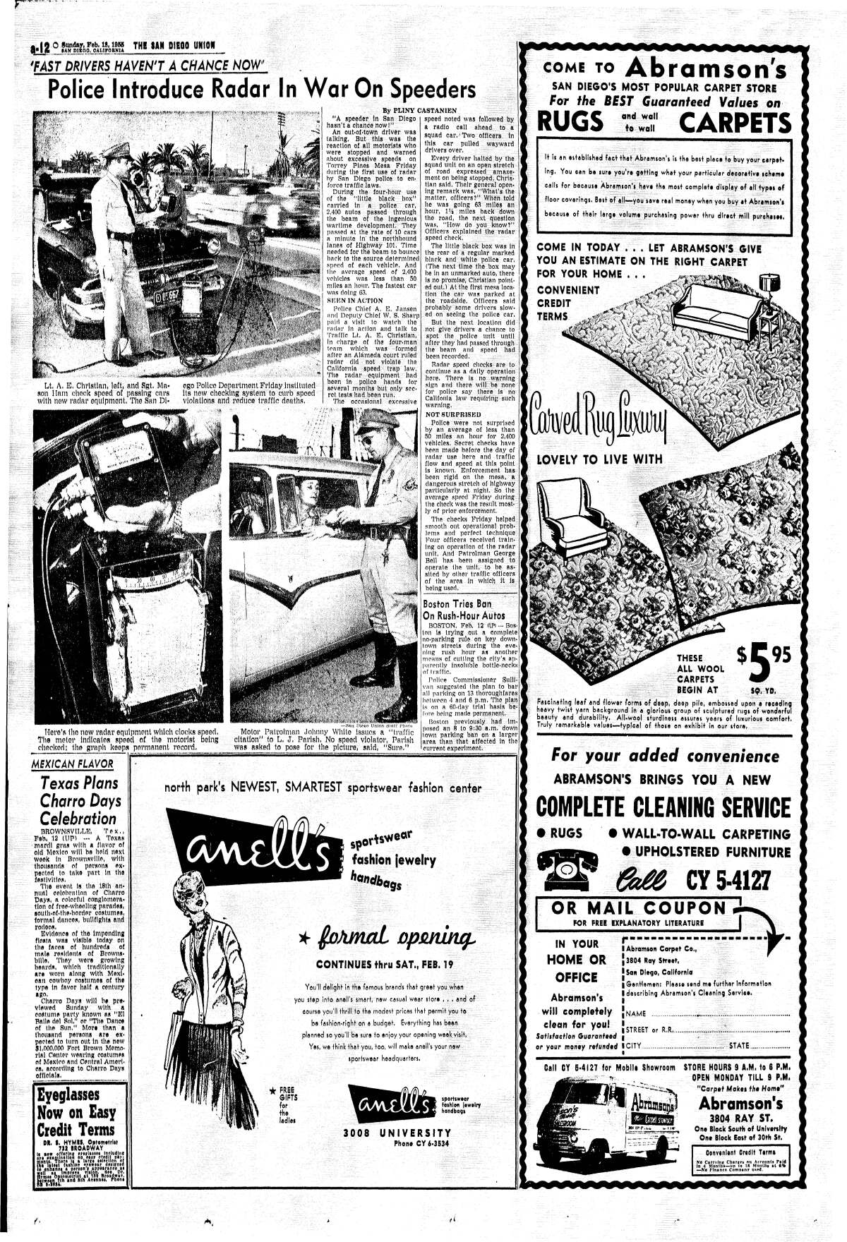 "Police introduce radar in war on speeders," headline and photos from The San Diego Union, Feb. 13, 1955.