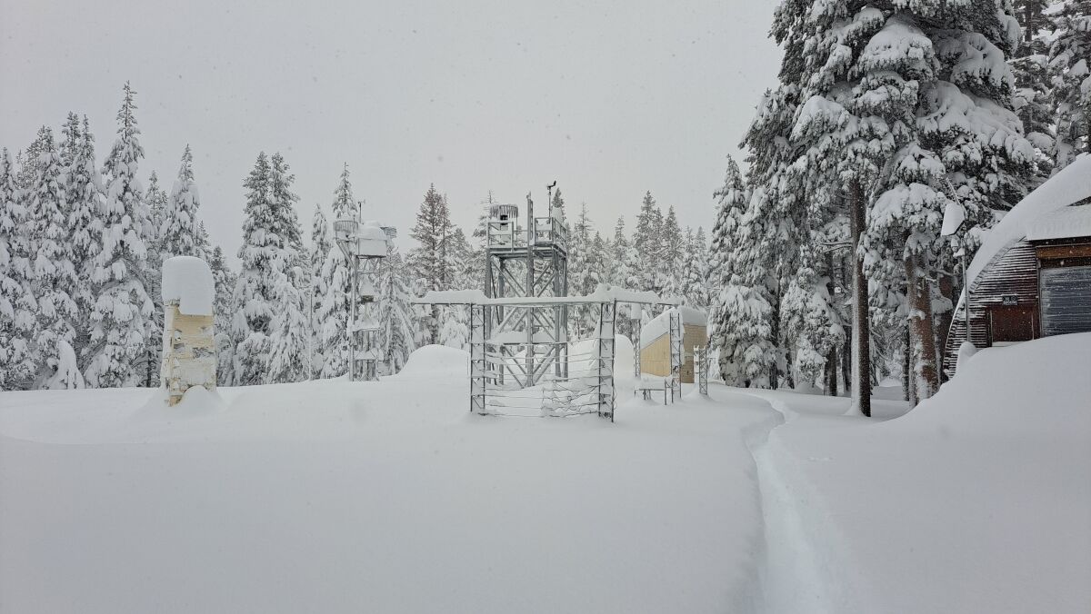 Snow blankets the area around the Central Sierra Snow Lab in Soda Springs, Calif.