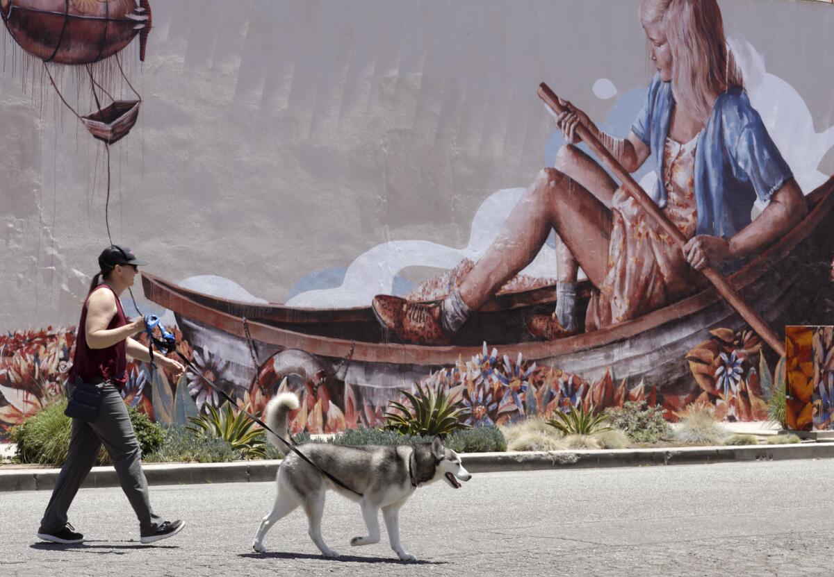 A woman and a dog walk past a mural of a girl rowing a boat