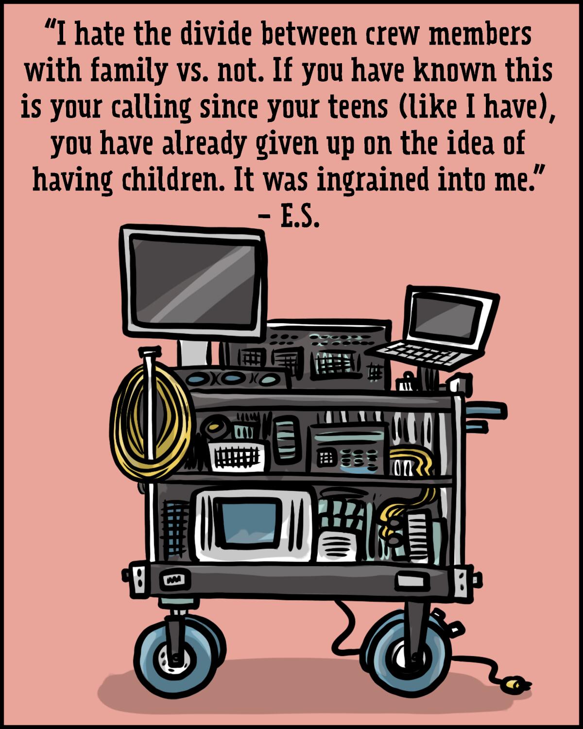 An illustration of a portable cart filled with electronic gear that includes desktop and laptop computers. 